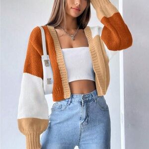 Shein Colorblock Cardigan Sweater - Orange, White, Tan